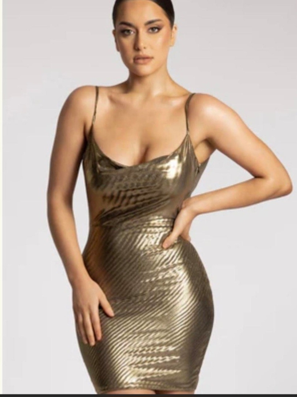 Meshki Gold Metallic Cowl Neck Mini Dress